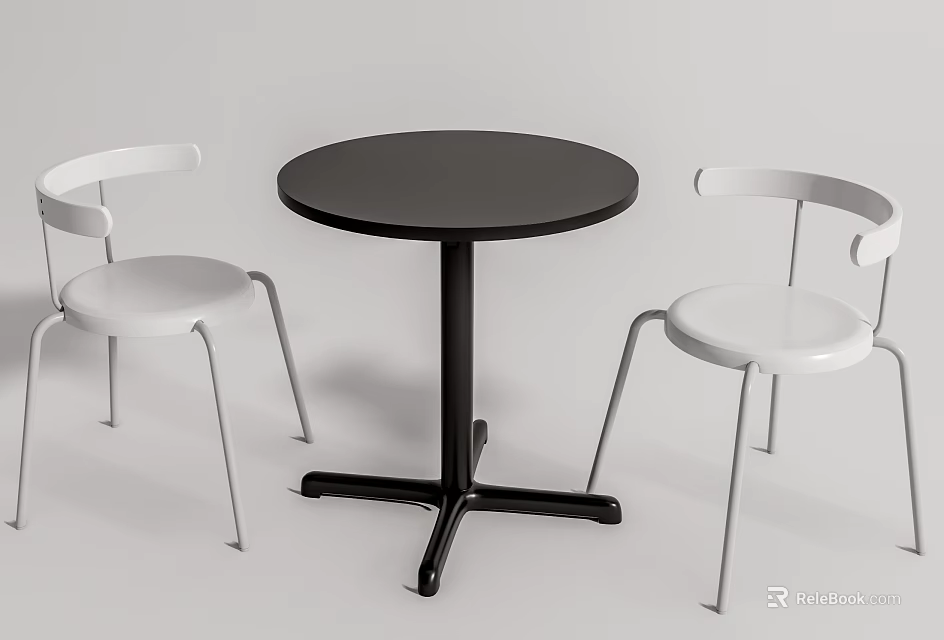 Minimalist Round Black Dining Table with White Chairs and Metal Legs 3d model 