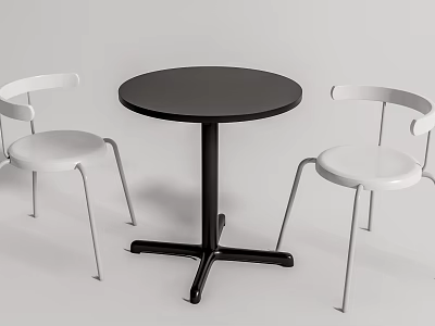 Minimalist Round Black Dining Table with White Chairs and Metal Legs 3d model
