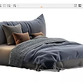 Cozy Double Bed With Soft Navy Blue Bedding And Multiple Gray Brown Pillows 3d model