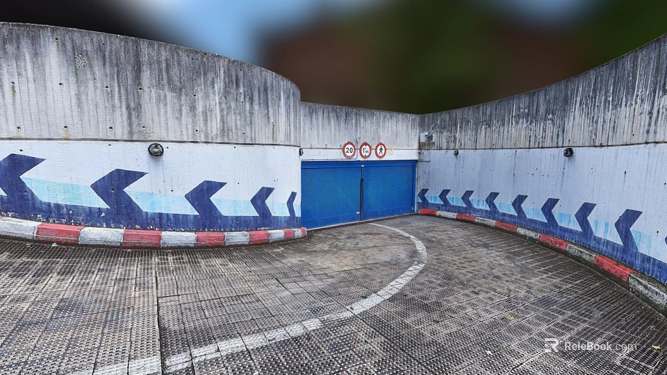 Industrial Factory Building With Concrete Walls Blue Doors And Grid Patterned Ground Surface 3d model 