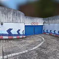 Industrial Factory Building With Concrete Walls Blue Doors And Grid Patterned Ground Surface