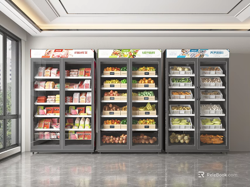 Upright Display Refrigerators Stocked With Assorted Beverages Fruits Vegetables And Goods 3d model 