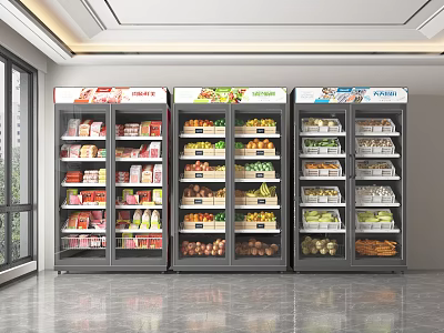 Upright Display Refrigerators Stocked With Assorted Beverages Fruits Vegetables And Goods 3d model