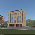 Detached Villa With Yellow Exterior Large Windows Balconies Green Trees And Open Area