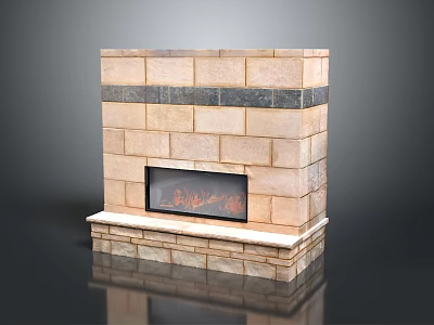 Classic Brick Fireplace Design With Beige Brick Tiles Dark Accent Stripe And Flaming Hearth 3d model