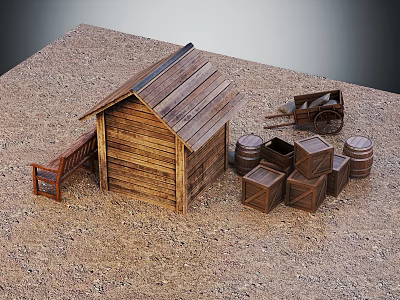 Wooden Cabin Scene With Sandy Ground Wheelbarrow Barrels Crates And Bench 3d model