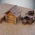 Wooden Cabin Scene With Sandy Ground Wheelbarrow Barrels Crates And Bench