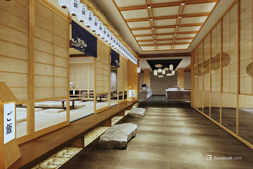 Japanese Restaurant Interior With Wooden Shoji Screens Tatami Seating Long Corridor And Traditional Lanterns 3d model 