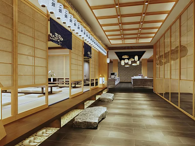 Japanese Restaurant Interior With Wooden Shoji Screens Tatami Seating Long Corridor And Traditional Lanterns 3d model