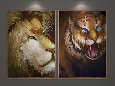 Vibrant Lion and Tiger Animal Paintings with Wooden Frames on Wall Under Lighting 3d model