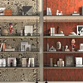 Stylish Multi Layered Bookshelf With Decorative Items Books And Photo Frames On Patterned Wallpaper