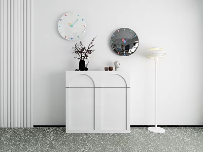 Two Decorative Round Wall Clocks On White Stripe Wall With White Cabinet And Floor Lamp 3d model