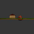 Natural Pond Scene With Green Lily Pads Red Frog And Small Wooden Cabin