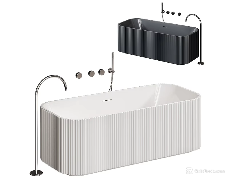 Modern Freestanding Bathtub With Ribbed Design White And Black Faucet Controls 3d model 
