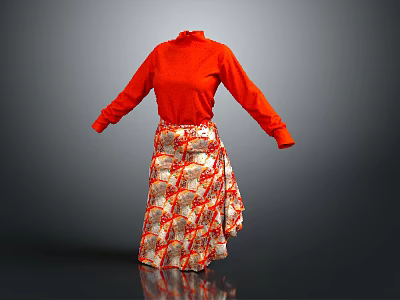 Stylish Red High Neck Long Sleeve Top With Patterned Skirt For Daily Use 3d model