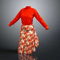 Stylish Red High Neck Long Sleeve Top With Patterned Skirt For Daily Use