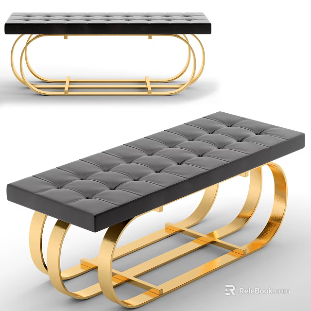 Modern Tufted Sofa Bench With Black Padded Seat And Gold Metal Frame 3d model 
