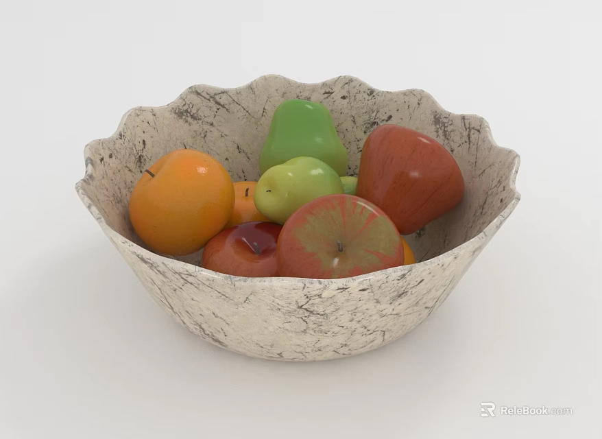 Assorted Fresh Fruits in Gray Patterned Bowl with Orange Green and Red Apples 3d model 