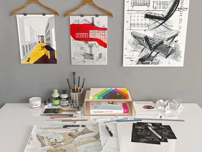 Creative Work Desk with Design Sketches Color Palette Brushes Paints and Hanging Wall Artworks 3d model
