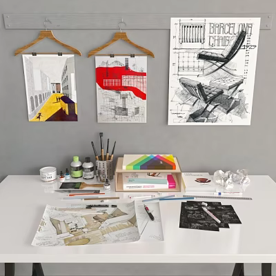 Creative Work Desk with Design Sketches Color Palette Brushes Paints and Hanging Wall Artworks 3d model