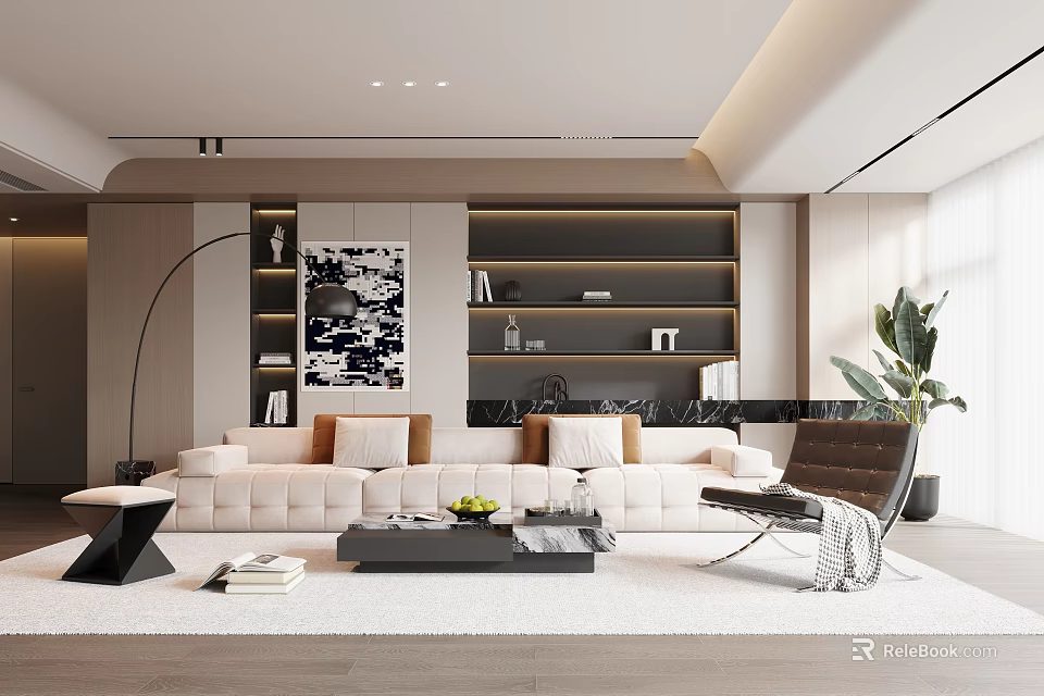Modern Living Room Interior With White Sofa Brown Cushions Black Coffee Table And Bookshelves 3d model 