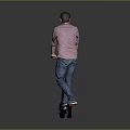 Man Riding Electric Scooter in Pink Shirt and Blue Jeans on Gray Background