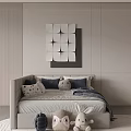 Modern Double Bed With Beige Frame Multiple Pillows Gray Blanket Stuffed Toys And Rug