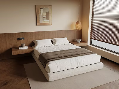 Modern Bedroom Interior With Wooden Headboard Nightstand Artwork Blinds And Rug 3d model