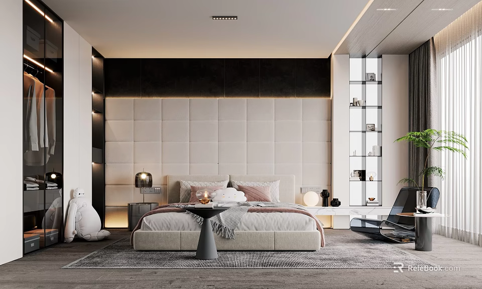 Modern Bedroom Interior Design With Upholstered Headboard Bed Nightstands Table Lamps And Rug 3d model 