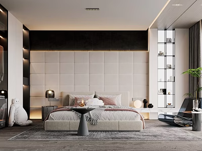 Modern Bedroom Interior Design With Upholstered Headboard Bed Nightstands Table Lamps And Rug 3d model