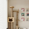 Cozy Cat Room With Wooden Tree Stand Bed And Window Blinds For Pet Play