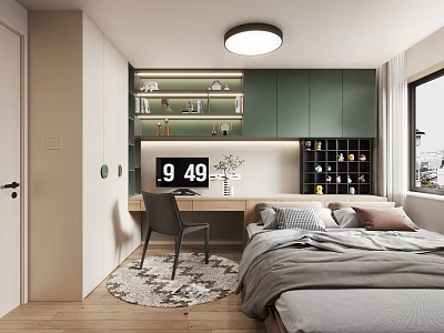Modern Tatami Bedroom Interior With Bed Desk Chair And Built in Bookshelves 3d model