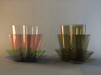Colorful Stacked Glassware Collection Featuring Multicolored Cups And Plates 3d model