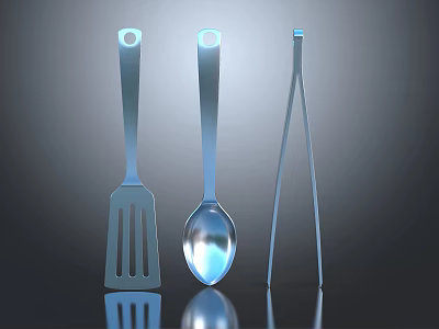 Modern Kitchen Utensil Set with Spatula Soup Spoon and Tongs Shiny Metal Design 3d model