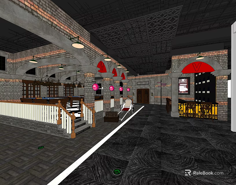 KTV Interior Design With Brick Walls Arched Windows Pendant Lights And Bar Counter 3d model 