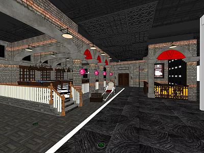 KTV Interior Design With Brick Walls Arched Windows Pendant Lights And Bar Counter 3d model