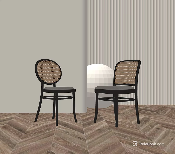 Rattan Backrest Dining Chairs With Black Frame And Wooden Herringbone Floor 3d model 