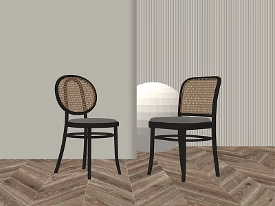 Rattan Backrest Dining Chairs With Black Frame And Wooden Herringbone Floor 3d model