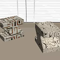 Stacked and Single Decorative Stools With Geometric Patterns in Indoor Window Blinds Setting 3d model