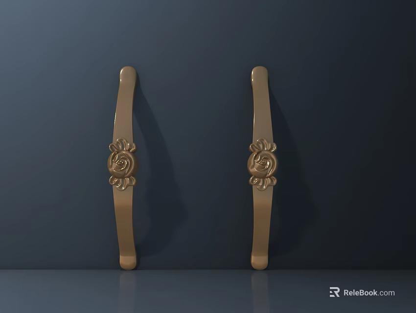 Elegant Golden Door Handles With Floral Carvings On Dark Background 3d model 