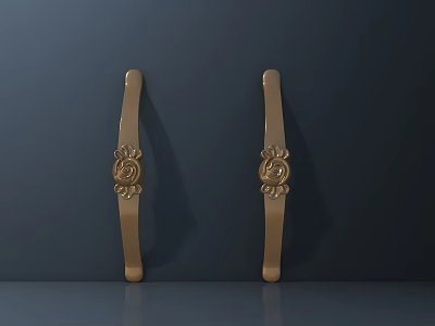 Elegant Golden Door Handles With Floral Carvings On Dark Background 3d model