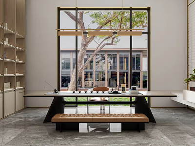 Modern Tea Room Interior With Large Windows Tree View Long Table And Wooden Bench 3d model
