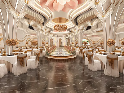 Luxurious Banquet Hall Interior With Chandelier Tables Chairs And Marble Floor 3d model