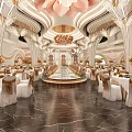 Luxurious Banquet Hall Interior With Chandelier Tables Chairs And Marble Floor