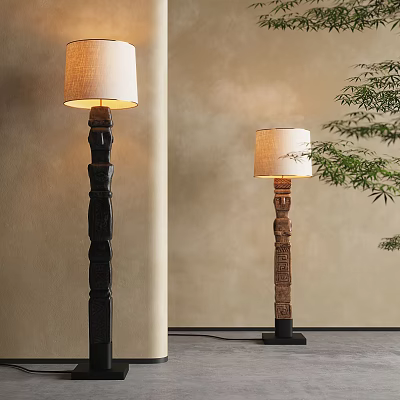 Elegant Floor Lamp With Carved Wooden Base And Light Fabric Shade Near Green Plant 3d model