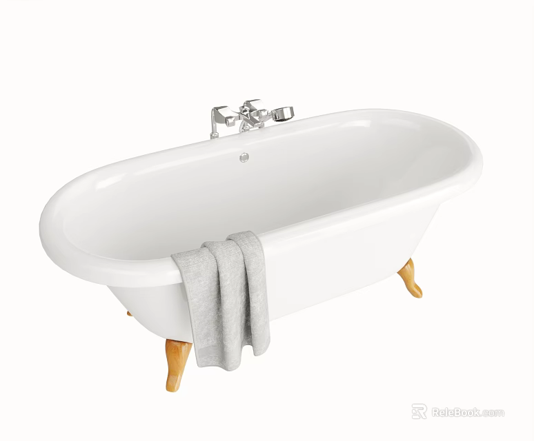 Classic White Freestanding Bathtub With Wooden Legs Silver Faucet And Gray Towel 3d model 