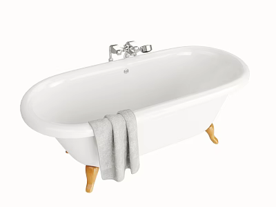 Classic White Freestanding Bathtub With Wooden Legs Silver Faucet And Gray Towel 3d model