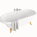 Classic White Freestanding Bathtub With Wooden Legs Silver Faucet And Gray Towel
