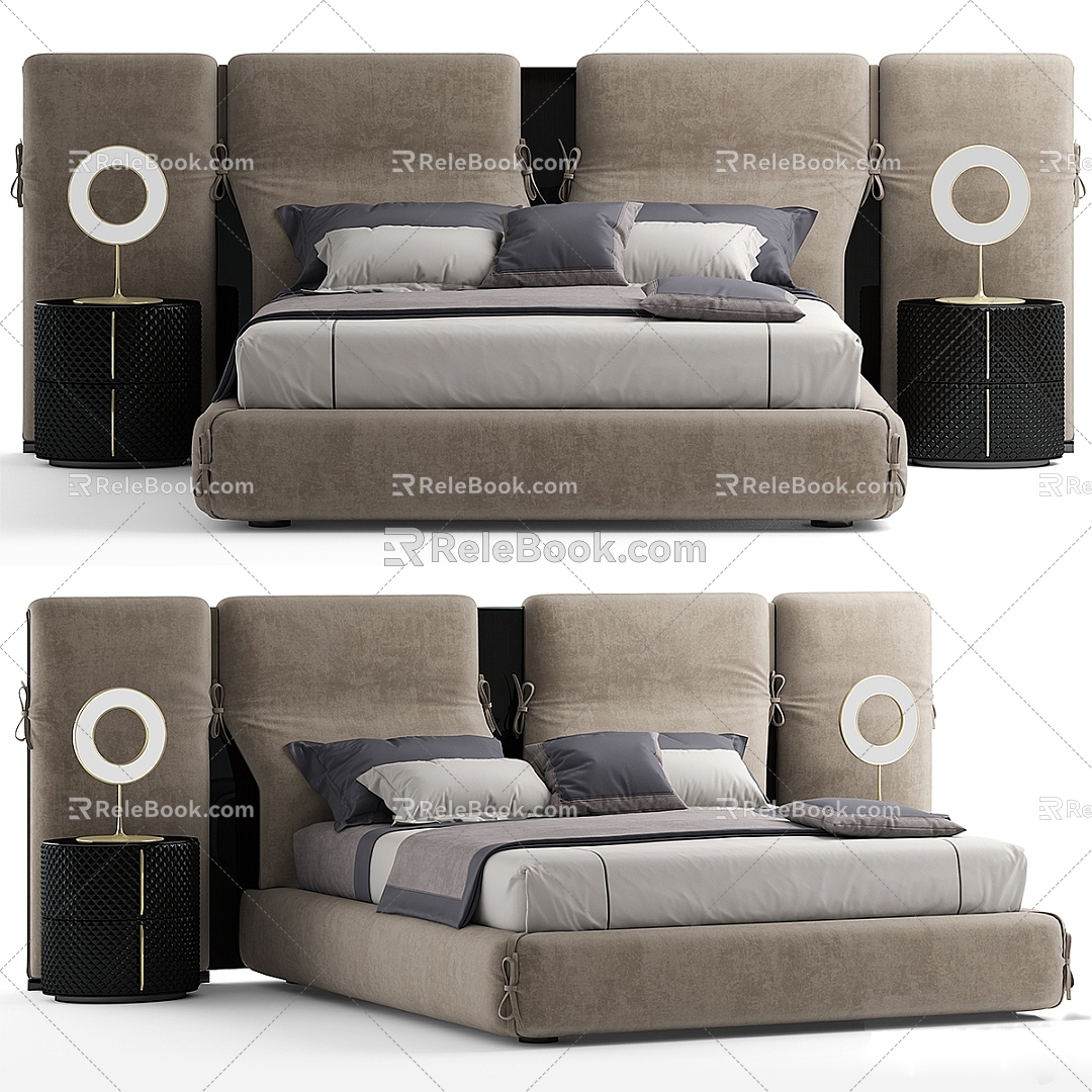 Modern Simple Grey Double Bed with Large Backrest 3d model