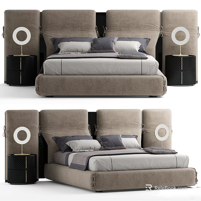 Modern Upholstered Double Bed With Round Headboard Accents Neutral Fabric And Bedside Lamps 3d model 